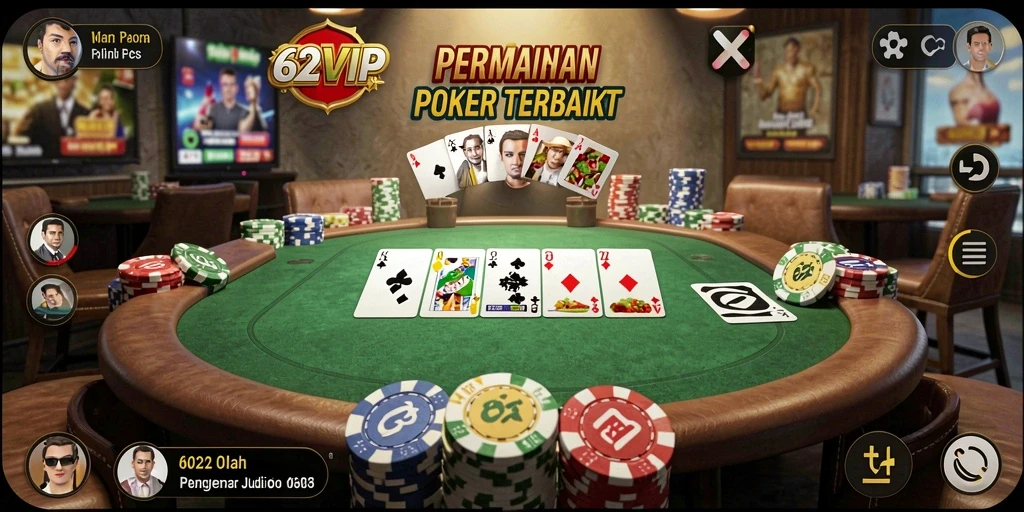 Screenshot gameplay 62VIP menampilkan suasana poker yang mendebarkan.
