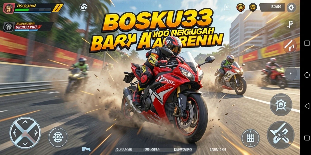 Screenshot gameplay BOSKU33 yang menampilkan aksi balapan motor yang intens.