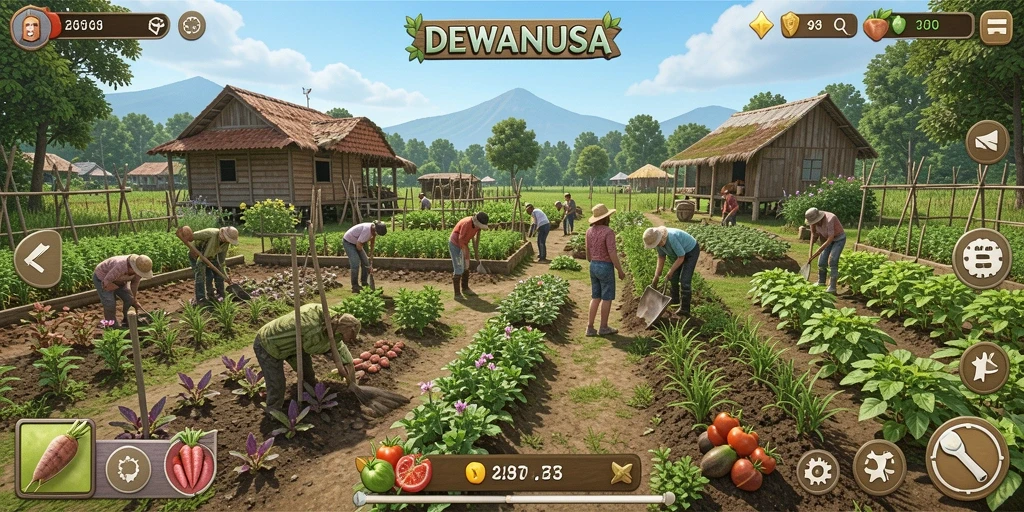 Tampilan gameplay menarik dalam DEWANUSA dengan elemen pertanian yang kaya.