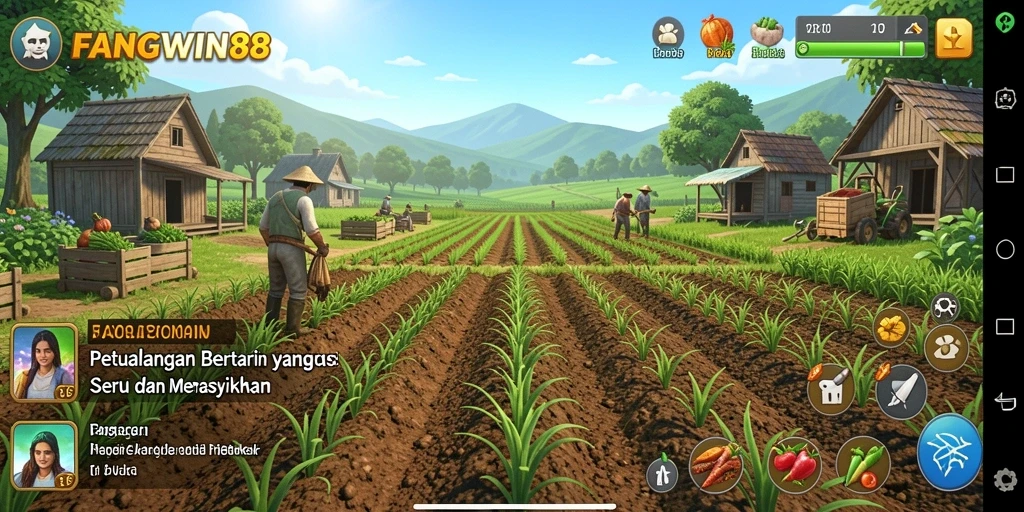 Tampilan seru gameplay bertani di FANGWIN88 dengan kebun yang subur.