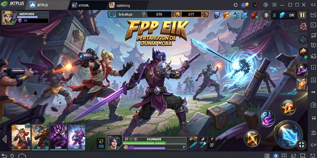 Screenshot utama JKTPLUS menampilkan aksi seru dalam pertempuran MOBA.