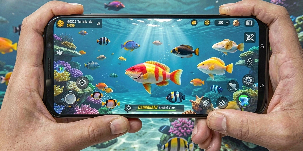 Screenshot MG525 menampilkan aksi seru saat menembak ikan.