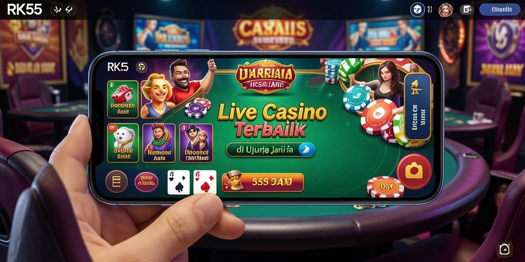 Tampilan utama RK55 dengan dealer live dan permainan kasino yang menarik.