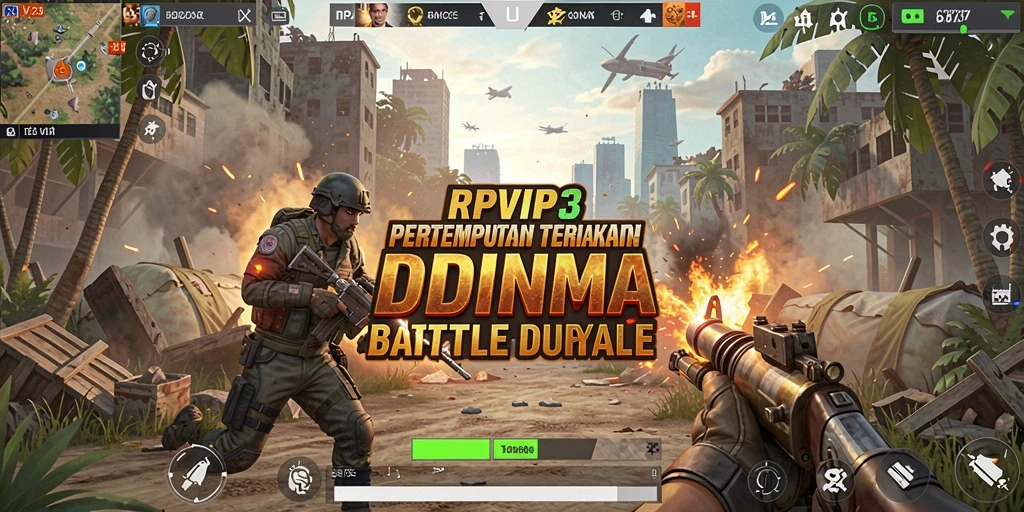 Screenshot permainan RPVIP3 yang menunjukkan aksi pertempuran Battle Royale yang intens.